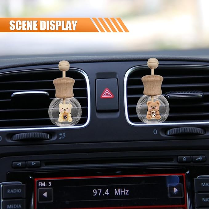 2PCS Car Diffuser Bottle with Vent Clip, Refillable Empty Glass Bottles for Essential Oil, Cute Bear Car Air Outlet Trim Clips, Auto Interior Decoration Accessory for Cars Bedroom Office (Bear)