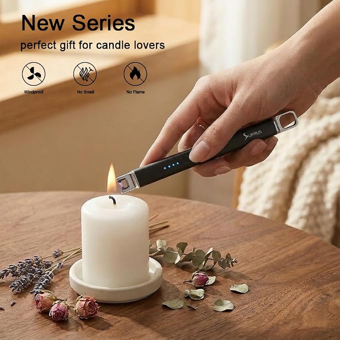 SUPRUS Candle Lighter Arc Electric Lighter Windproof Flameless with Safety Switch for Camping BBQ Birthday, Giftbox for Mom Wife Friend (Black)