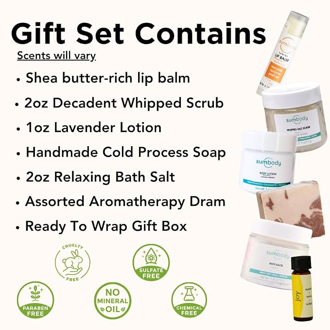Sumbody Self Care Gifts 6pc Aromatherapy Body Care Set USA Made Women Men Teens Happy Birthday Box Spa Gift Basket Mothers Day Teacher Appreciation Vacation Essentials Bridal Shower Graduation