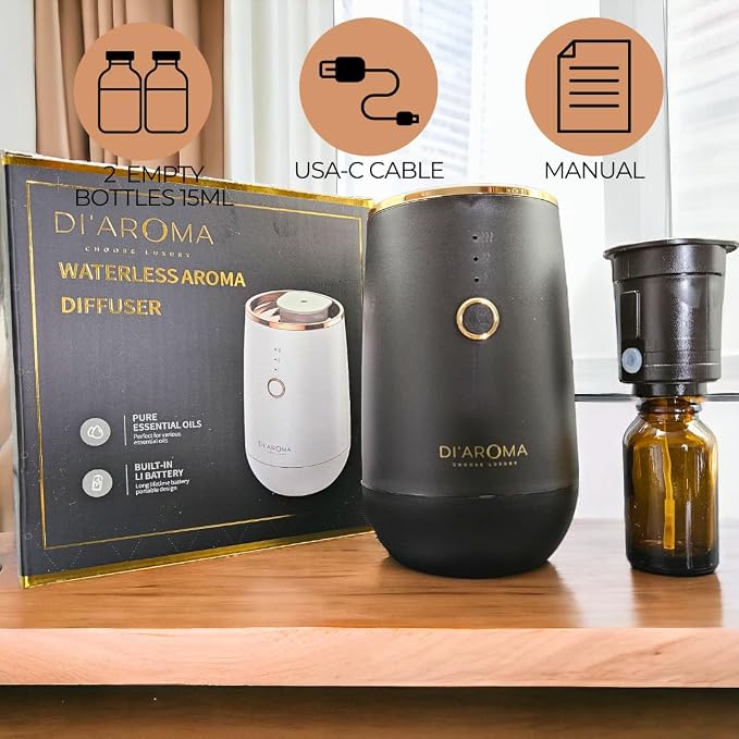 Waterless Essential Oil Diffuser – Portable Nebulizing Aroma Oil Diffuser for Car, Home & Office, USB Rechargeable, Silent Operation, No Water Needed, Di'Aroma (White)