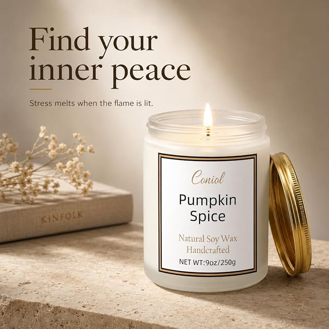 Pumpkin Spice Scented Candles for Home, Natural Soy Wax Candle with Essential Oils, 9oz Amber Jar Aromatherapy Candel, 50H Long & Non-Toxic Burning, Hand Poured, Giftable, Relaxation, Birthday