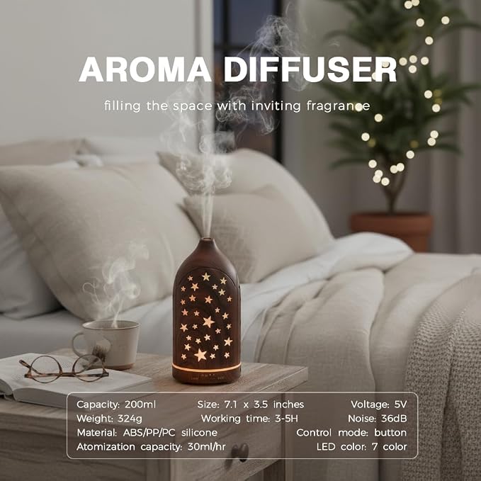 Aromatherapy Diffusers,7.1''x3.5''Diffuser with 3 Essential Oil Set,Small 200ml Office Desk Humidifier with 7 LED Colors Night Lights,Waterless Auto-Off for Home Decor Gift (Star Dark Wood Grain)