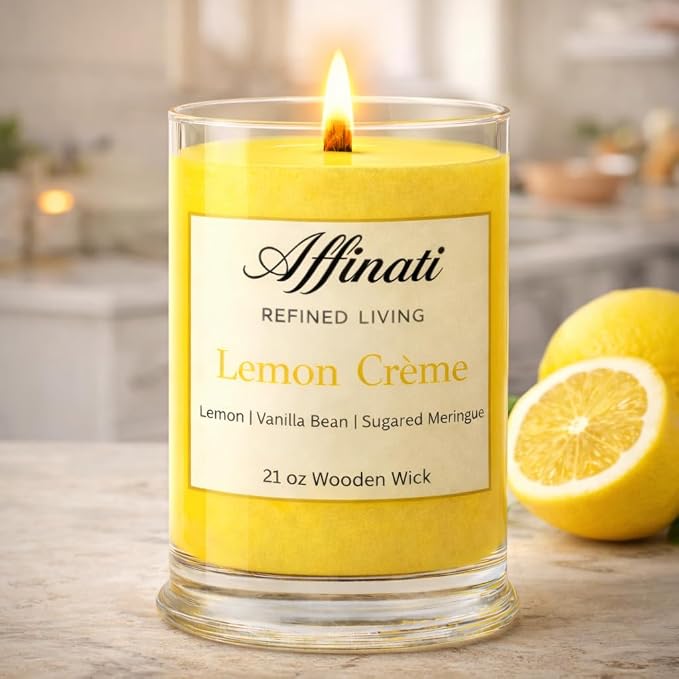 Affinati Lemon Creme Large Scented Candle, 21 oz Wooden Wick Tumbler – Highly Fragrant Premium Long Burning Fruit Fragrance, Soy Blend Candle