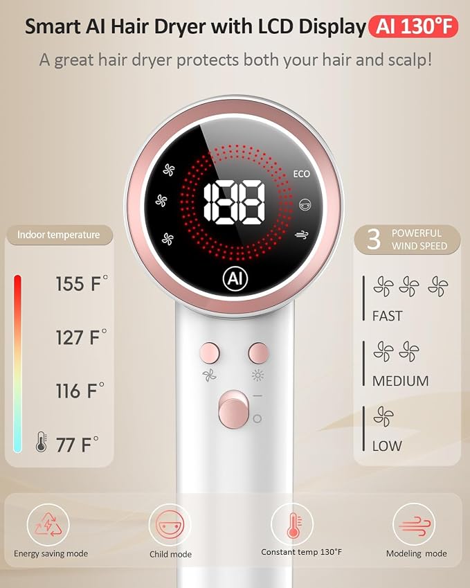 Hair Dryer - Smart 160000 RPM High-Speed Brushless Motor Plasma Ion AI Blow Dryer with Diffuser for Fast Drying, Professonal 4Temp/3Speed Thermo-Control Lightweight AI Hairdryer for Women Men Travel