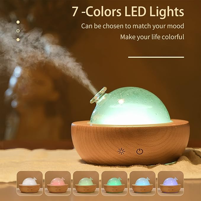 Glass Essential Oil Diffuser with Real Wood Base, 180ml Aromatherapy Diffuser with 2 Mist Modes, 7 Colors LED Light Ultrasonic Cool Mist Humidifier for Home and Office