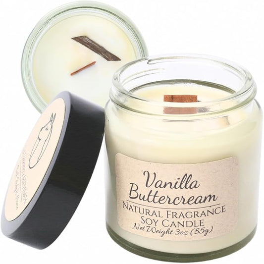Lathered Artisan Vanilla Buttercream Natural Fragrance Candle 3 oz, Hand Crafted Pure Soy Wax Candle with Wooden Wick, Vanilla Bean, 23 Hour Burn Time, Natural Aromatherapy Glass Jar Candle with Lid