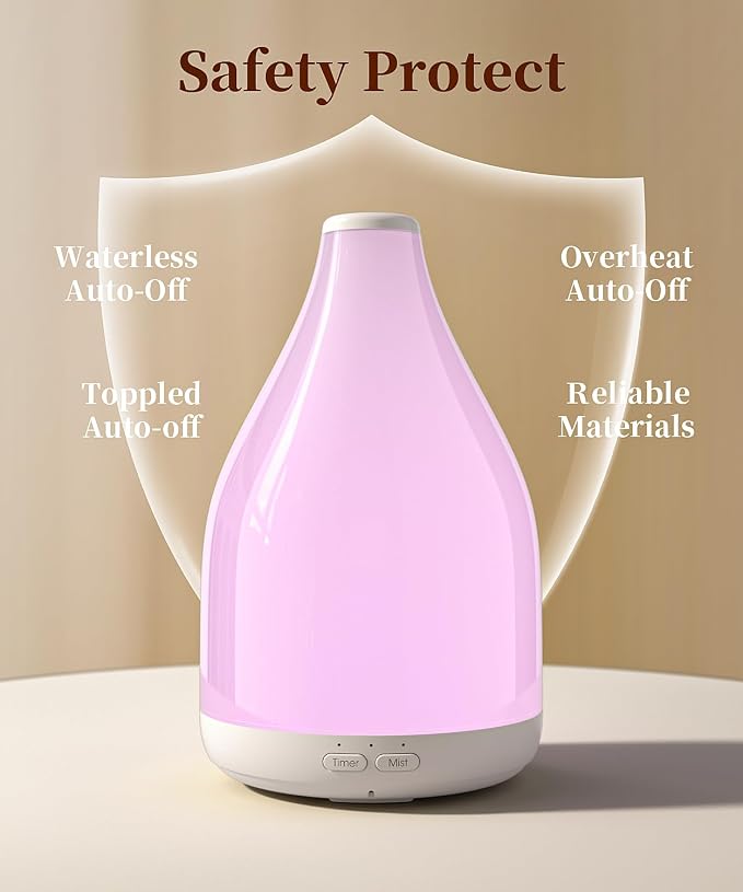 Essential Oil Diffuser for Large Room, Modern Stylish Aroma Diffusers Home Decoration, 12 Hours Cool Mist Ultrasonic Humidifier, Colorful Ambient Light & 1-3-6H Timer Off, White