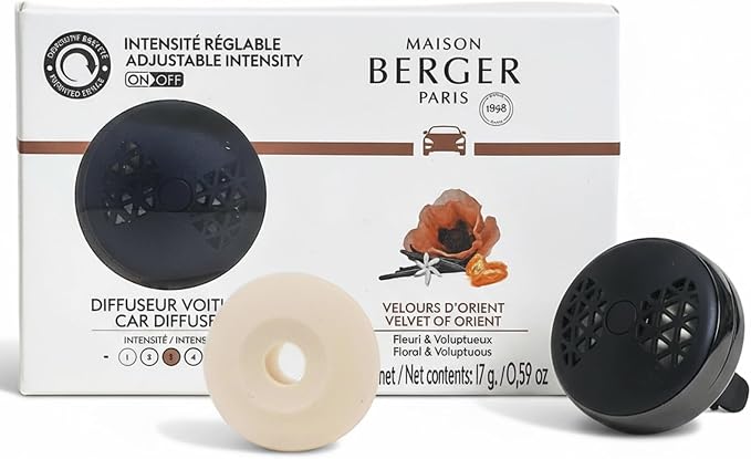 MAISON BERGER Car Diffuser Set, Velvet of Orient | Warm Vanilla Amber Notes, Refillable Vent Clip with Ceramic Refill, Passive 4-Week Diffusion, Made in France