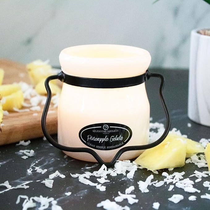 Milkhouse Candle Company Pineapple Gelato Soy Candle - Pineapple | Coconut | Vanilla Bean Scented - 5 oz Cream Jar with Lid, 35+ Hour Burn Time, Made in the USA