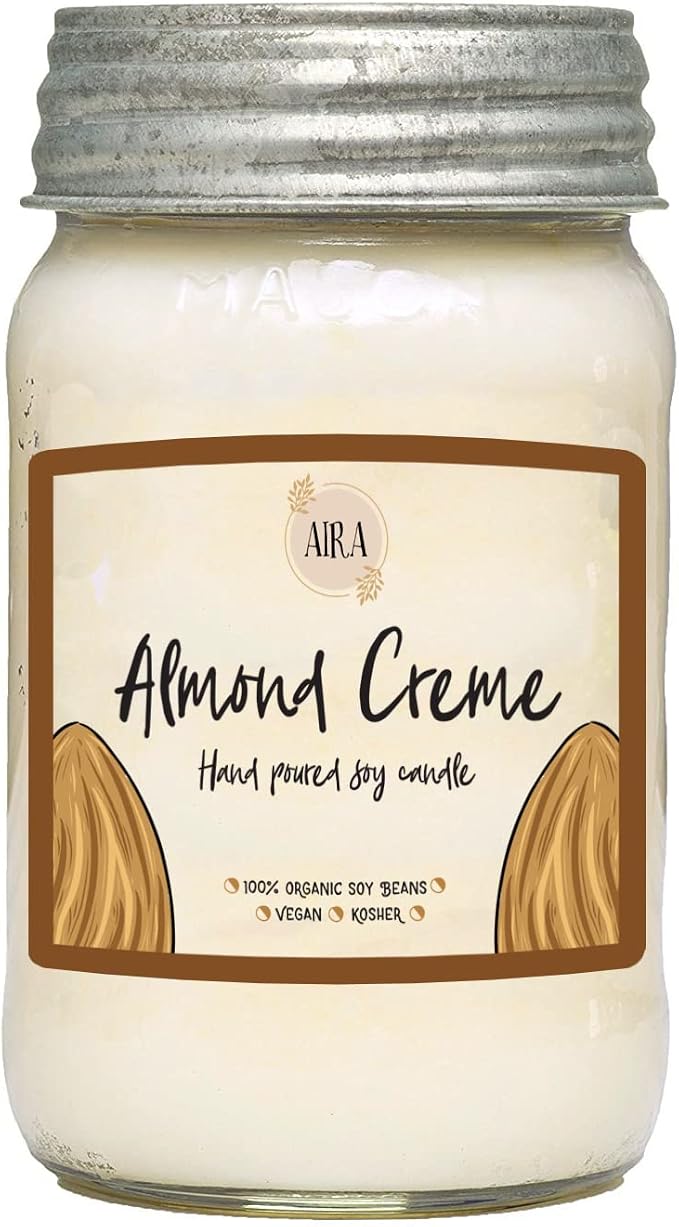 Aira Soy Candles - Organic, Kosher, Vegan, in Mason Jar w/Therapeutic Grade Essential Oil Blends - Hand-Poured 100% Soy Candle Wax - Paraffin Free, Burns 110+ Hours - Almond Creme -16 Ounces