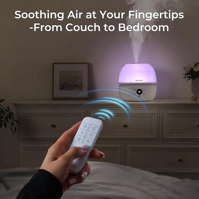 BOXING Top Fill Humidifiers for Bedroom Baby with Easy Remote, 20dB Quiet Cool Mist Air Humidifier for Large Room Home & Indoor Plants, 7 Color Night Light, Essential Oil Tray, Timer, Sleep Mode,3L