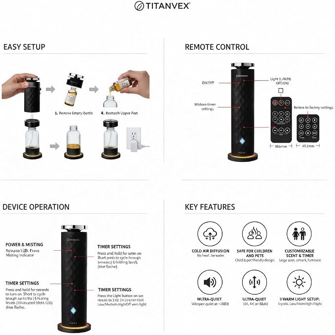 Essential Oil Diffuser Bundle - Cordless Waterless Diffuser for Home, Office, Car, Bathroom – USB Rechargeable Remote Control Portable Nebulizer Aromatherapy Diffusers – 1,100Sq. Ft. Coverage