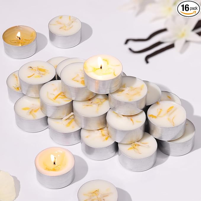 16 Pcs Vanilla Scented Tealight Candles, 6H Long Burning - 100% Palm Wax Based Scented Tea Lights with Dried Flowers, Non-Toxic/Smokeless Tea Lights Candles Bulk for Spa, Bath, Wedding