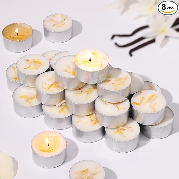 8 Pcs Vanilla Scented Tealight Candles, 6H Long Burning - 100% Palm Wax Based Scented Tea Lights with Dried Flowers, Non-Toxic/Smokeless Tea Lights Candles Bulk for Spa, Bath, Wedding