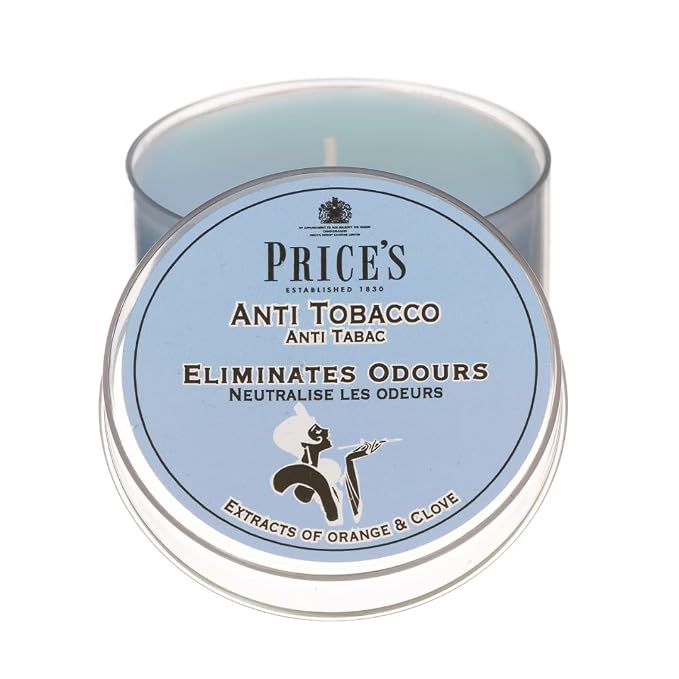 Price's - Anti-Tobacco Tin Candles - Odour Eliminating - Made with Orange and Clove Extracts - Clean, Fresh, Quality Fragrance - Long Lasting Scent