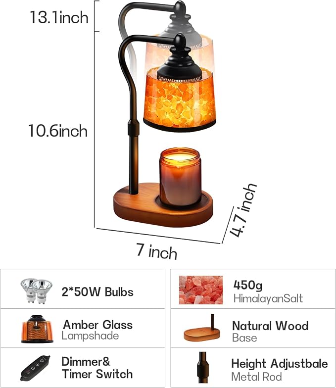 3-in-1 Candle Warmer Lamp with Timer Dimmable, Himalayan Salt Lamp & Passive Diffuser, Gifts for Women, House Warming Gifts, Wax Melt Warmer for Jar Candles (2 Bulbs)