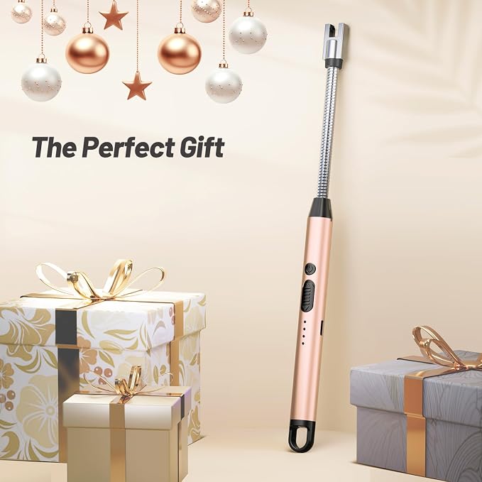 VEHHE Long Lighters Rechargeable with Safety Switch, USB C Lighter with 360° Flexible Neck, Windproof Flameless Plasma Arc Lighter with Led Battery Display for Fireworks BBQ Camping (Rose Gold)