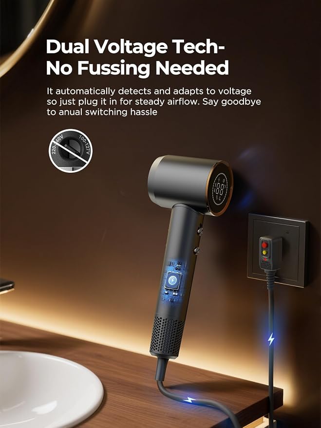 Dual Voltage Travel Hair Dryer with Diffuser, High-Speed Ionic Blow Dryer for Women, Fast Drying, Low Noise, Lightweight, No Heat Damage, European Travel 110V-120V/220V-240V