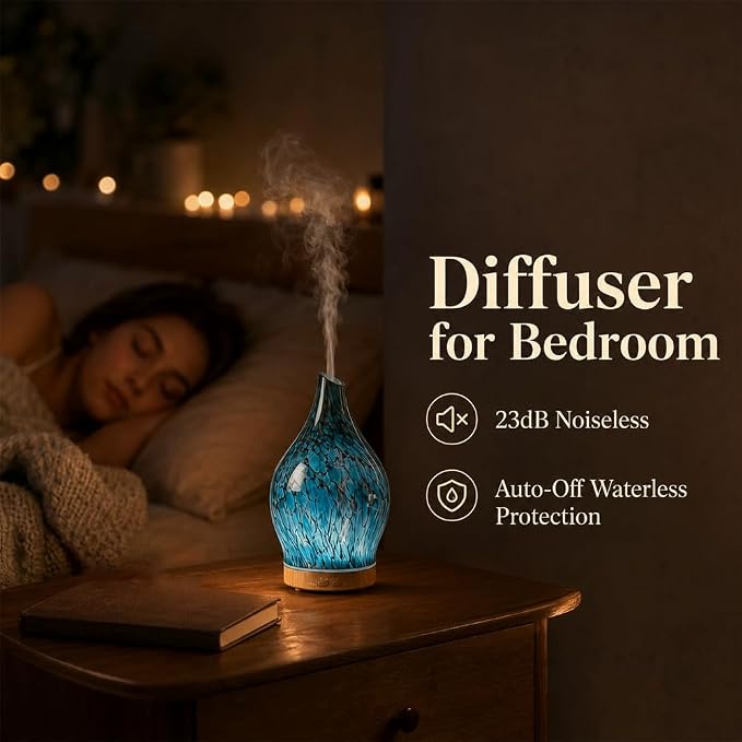 Glass Oil Diffuser with 3 Essential Oil Set,200ml Diffuser for Table Decor,Small Humidifier with Timer,7 LED Color Lights for Small Space Office Bedroom Room Decor Gifts for Women Men