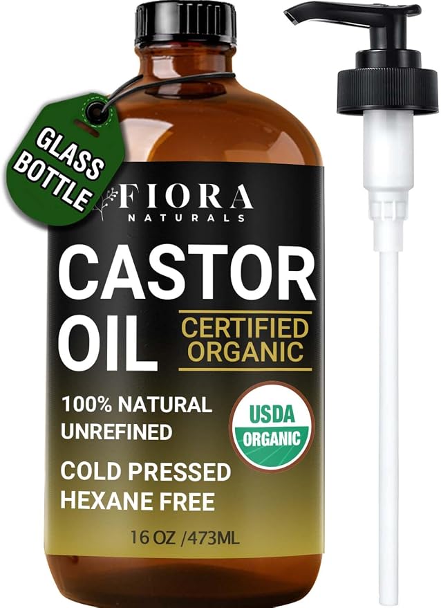 Fiora Naturals Organic Castor Oil in Glass Bottle – 16 Oz Cold Pressed & Hexane-Free – USDA Certified – Skin Moisturizer, Hair Growth Oil For Lashes, Brows, Skin & Scalp – with Pump