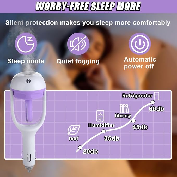 Car Humidifier, Portable Mini Aromatherapy Essential Oil Diffuser, 180-Degree Rotation Cool Mist Humidifier, Vehicle Air Freshener Diffuser with 12V Charging Port for Home Office (Purple)