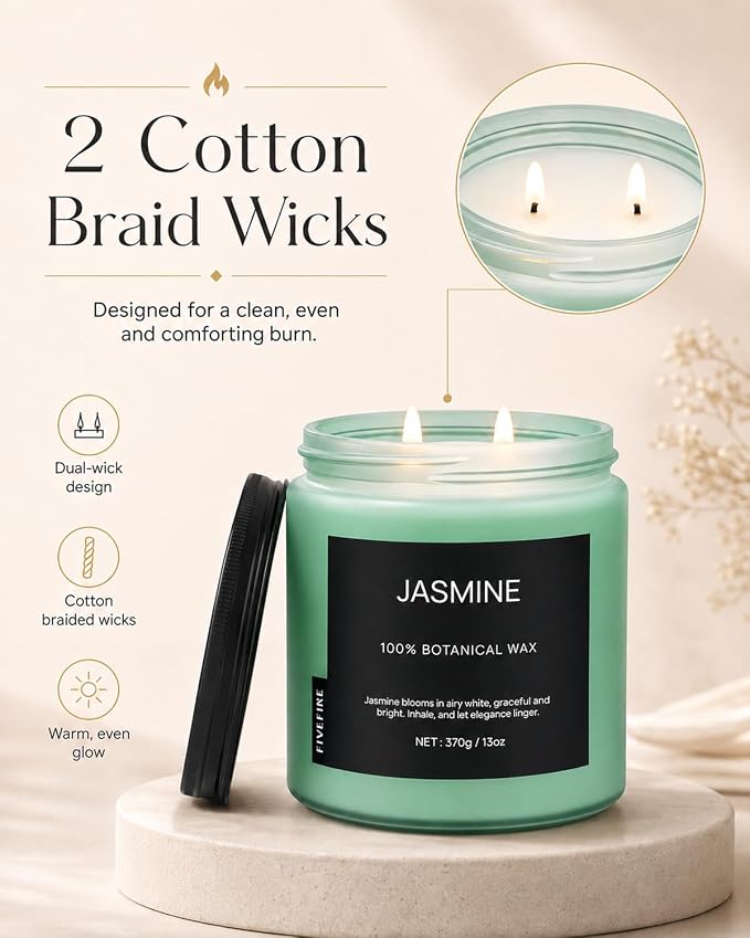 Jasmine Home Scented Candles, 13oz Organic Soy Wax, 76-Hour Clean Burning, Natural Candles Non Toxic, Floral Scent for Relaxation, Aromatherapy Housewarming Candle for Men Women