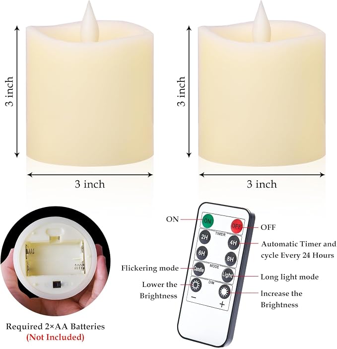 3x3 Flameless Candles with Remote & Timer - Battery Operated LED Pillar Candles, 600-Hour Long-Lasting, Flickering Effect for Valentine's Day, Indoor/Outdoor Decor (Ivory, 3x3 Inch, 2 Pack)