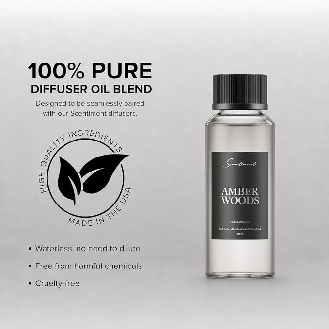 Scentiment Amber Woods Diffuser Oil - Premium Hotel Scent with Notes of Black Amber, Plum, & Crème de Cassis Home Scent, Aromatherapy Fragrance Oil Diffuser Refill - 4.06 fl oz (120 mL)