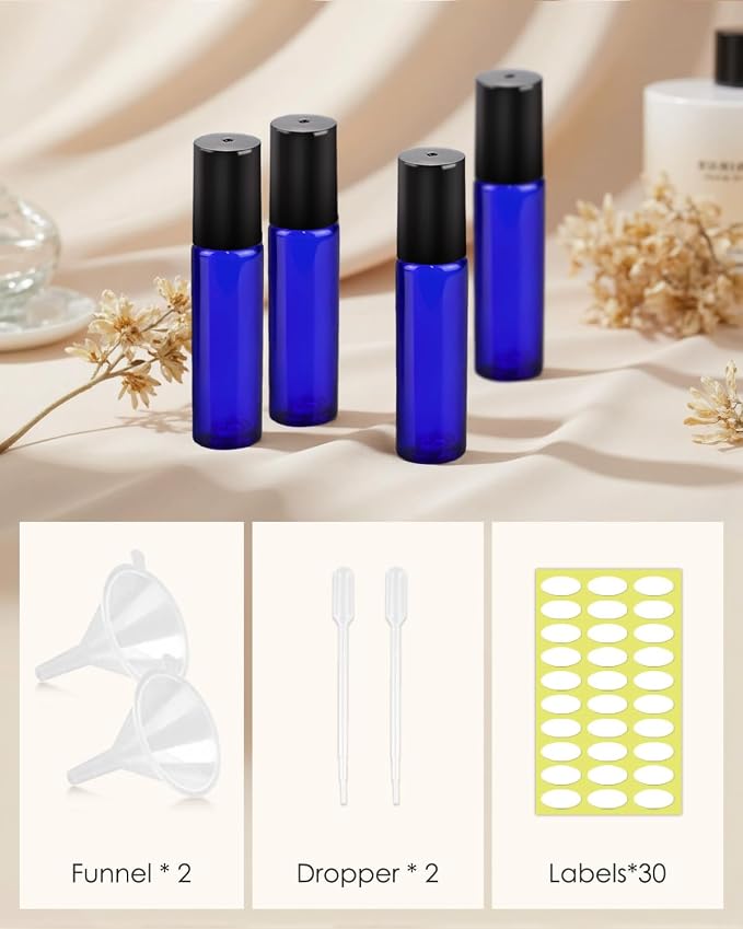 Worldgsb 25 Pack Essential Oil Roller Bottles, 10ml Refillable Glass Roller Bottles with Stainless Steel Roller Balls and Caps for Travel, Perfume and Lip Gloss Blue