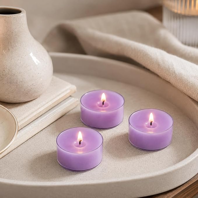 Lilac Scented Tealight Candles, Purple Scent Tea Lights Candles Clear Cup, 24 Pack Colored Tealights Candle, 6 Hour Burn Time Tea Candles for Party, Decor, Spa, Shabbat