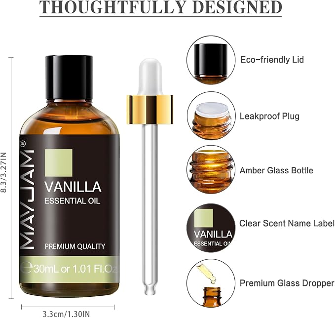 Vanilla Essential Oil 30ml/1.01fl.oz, MAYJAM Premium Vanilla Oils for Aromatherapy, Diffuser, Soap Making, Candle Making, Long Lasting Scents (Pack of 2)