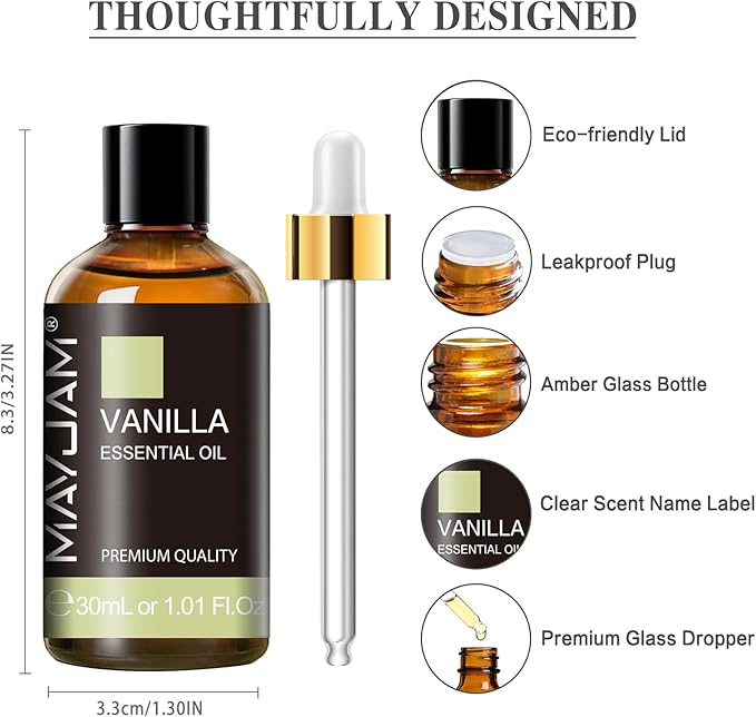 Vanilla Essential Oil 30ml/1.01fl.oz, MAYJAM Premium Vanilla Oils for Aromatherapy, Diffuser, Soap Making, Candle Making, Long Lasting Scents