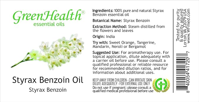 GreenHealth Styrax Benzoin Oil – 100% Pure Aromatherapy Grade – 4 fl oz – Thick Resinous Oil for Diffusers, Candles, Incense, DIY Blends – Amber Glass Bottle