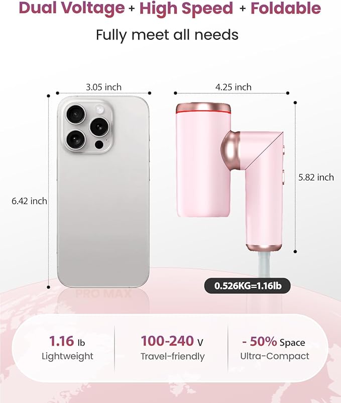 Dual Voltage Hair Dryer Travel Europe Foldable, High Speed Ionic Blow Dryer Fast Drying,100-240V Portable Dryers with Magnetic Nozzles,1300W, Pink