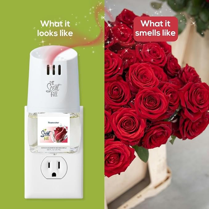 Scent Fill Rosewater Plug in Air Freshener, Scented Oil Refills, 2 Plug in Refills & Diffuser - Air Fresheners for Home, Bathroom, Kitchen, & More - Room Fresheners