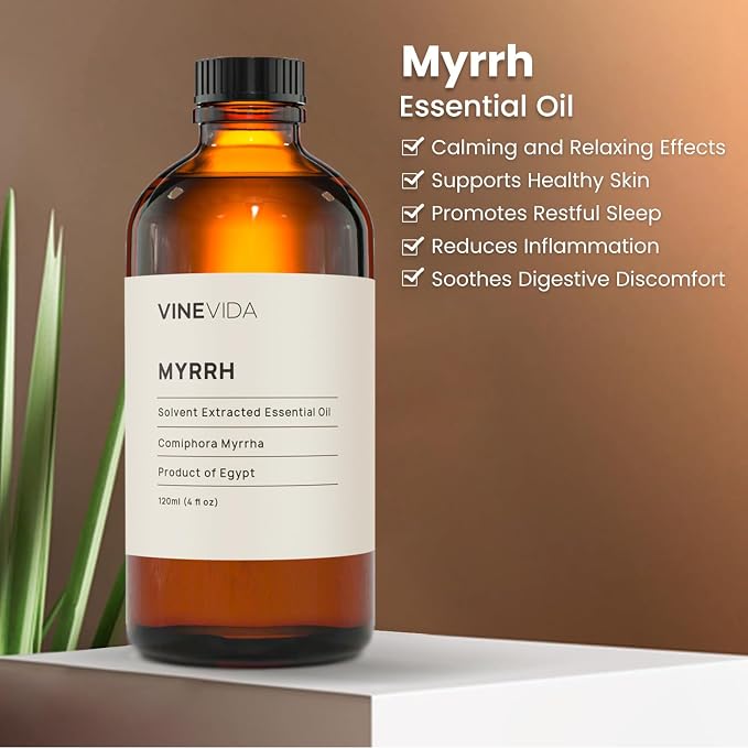 VINEVIDA Myrrh Essential Oil - Undiluted Myrrh Oil - Myrrh Candle Oil Scent - DIY Candle Scents for Candlemaking - Bulk Essential Oil for Soap Making Safe for Skin, 4.0 Fl Oz