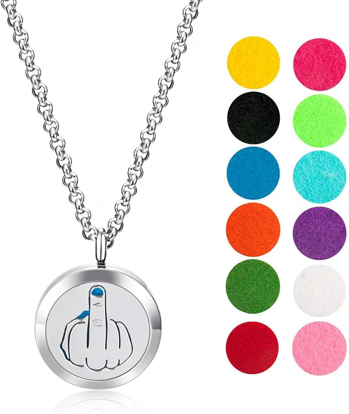 Wild Essentials Middle Finger Necklace Essential Oil Diffuser Kit, Lavender, Lemongrass, Peppermint, Orange Oils, 12 Refill Pads, Calming Aromatherapy Gift Set, Customizable Color Changing, Perfume
