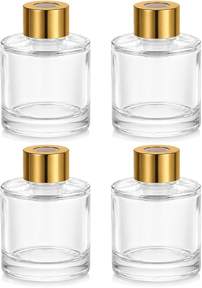 50ml Clear Glass Reed Diffuser Bottles Set of 4 Empty Aromatherapy Bottles with Gold Cap, Round Essential Oil Diffuser Container for Home Fragrance, DIY Scent, Bathroom, Office Decor