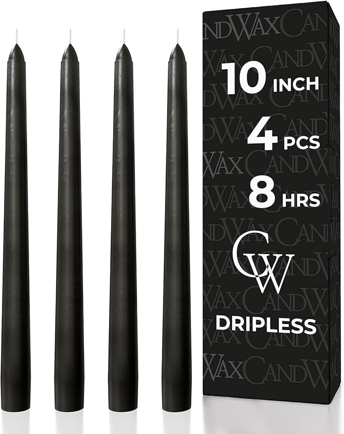 CANDWAX Black 10 inch Taper Candles Pack of 4 - Unscented Smokeless Dripless Tall Candle Sticks - Perfect for Home Decor, Special Occasions and Ordinary Events - Black Taper Candles