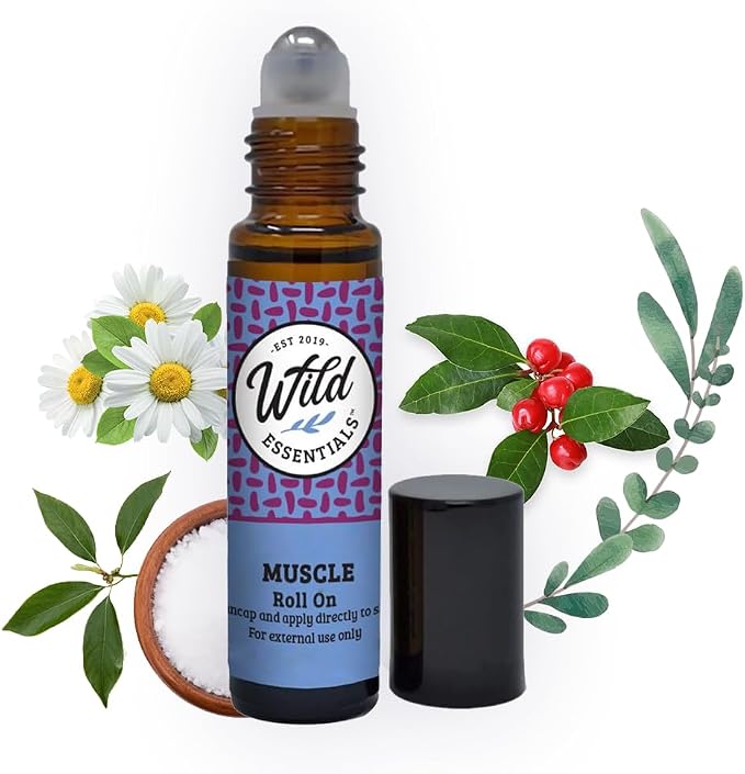 Wild Essentials Muscle Essential Oil Roll On, 10ml for Sore Muscles, Migraines, Congestion, 100% Pure, Premium Grade Essential Oils and Organic Jojoba Oil, Ready to Use, All Natural