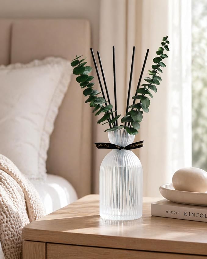 Airkeep Reed Diffuser Set 6.76 oz – White Flower Decorative Home Fragrance with Eucalyptus Sticks, Ribbed Glass Diffuser for Bathroom & Bedroom Décor, Gift Ready