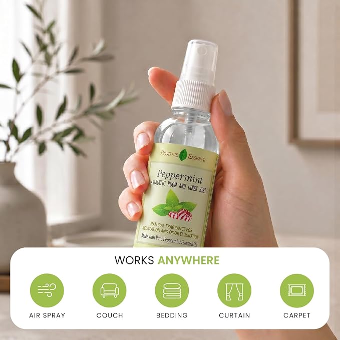 Peppermint Linen and Room Spray, Natural Pillow Mist, Made with Pure Peppermint Essential Oil, Home Fragrance for Relaxation, Bathroom Air Freshener Odor Eliminator