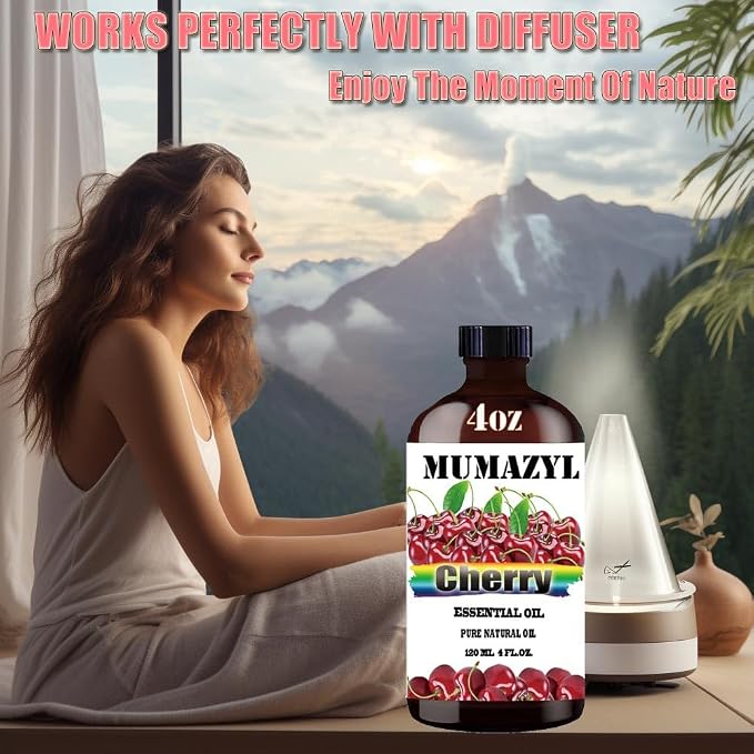 Cherry Essential Oil, Cherry Oil 4 Fl Oz 120ML for Diffuser Humidifier Yoga Cleaning DIY Candle Soap Making MUMAZYL Essential Oils