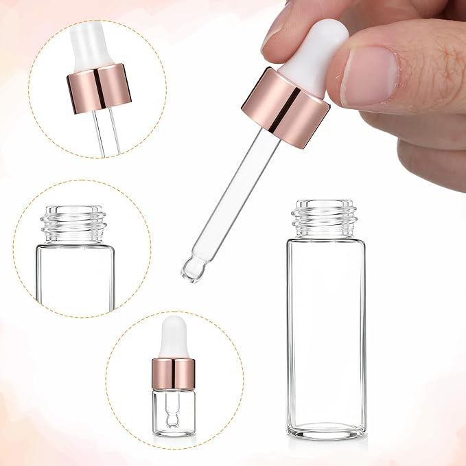 8 Pack Eye Dropper Bottle Rose for Essential Oils Mini Dropper Bottle Glass Vials Bottles Empty Travel Oil Droppings Bottles with Cap for Essence Liquid Cosmetic Containers (1ml, 2ml, 3ml, 4ml)