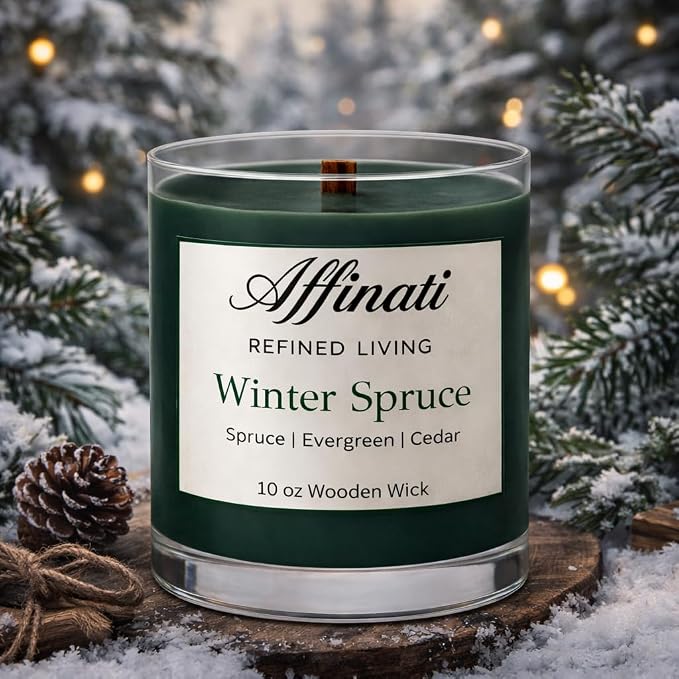 Affinati Winter Spruce Scented Candle, 10 oz Wooden Wick Tumbler Jar – Highly Fragrant Fresh Evergreen Christmas Tree Aromatherapy, Soy Gift