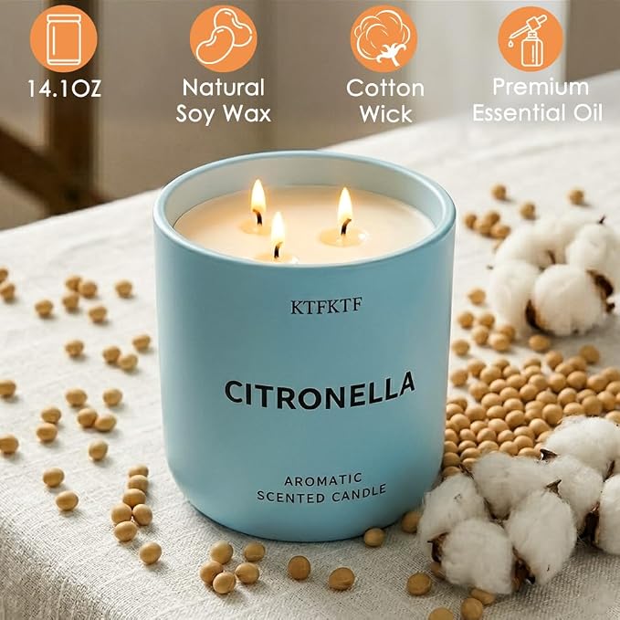 Citronella Candles Outdoor - 14.1oz Large 3 Wick Jar Candle with 80 Hour Burn, Natural Soy Wax, Non-Toxic Outdoor Candle for Patio, Camping, Backyard & Home