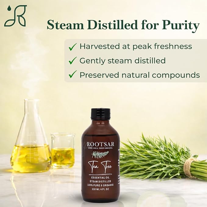 Tea Tree Essential Oil – 100% Pure Organic Tea Tree Oil, Steam Distilled, 4 FL OZ / 118 ML – Premium Essential Oil for Diffuser, Aromatherapy, Massage, Skin Care, Candle & Soap Making