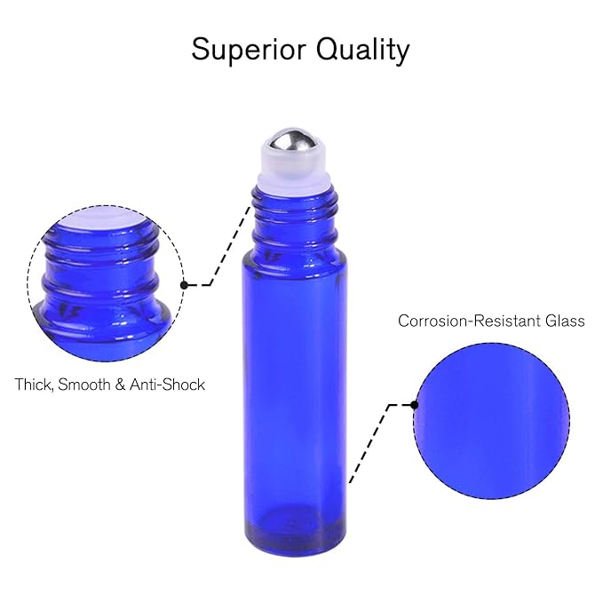 PrettyCare Roller Bottles For Oils 10 ml (Blue Glass, 24 Pack, 2 Extra Stainless Steel Balls, 2 droppers, 1 small brush, 24 Labels, 1 Opener, 1 Funnels Essential Oil Roller Bottles, Roller on Bottles