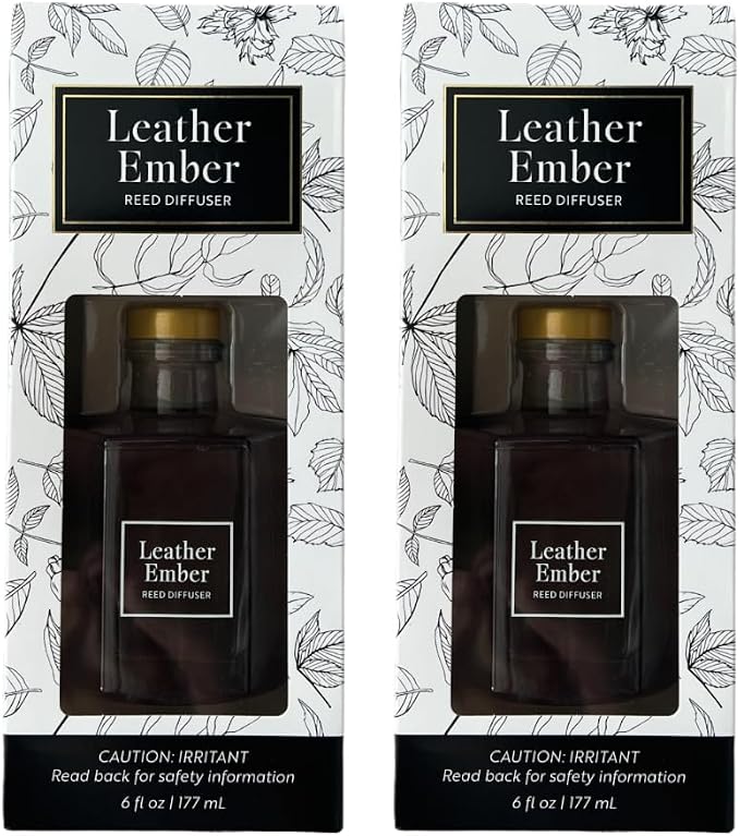 Bellevue Diffuser, 6 fl oz Glass Filled Diffuser, Highly Concentrated Fragrances with Essential Oils, Home Fragrance, Scent: Leather Ember (Pack of 2)