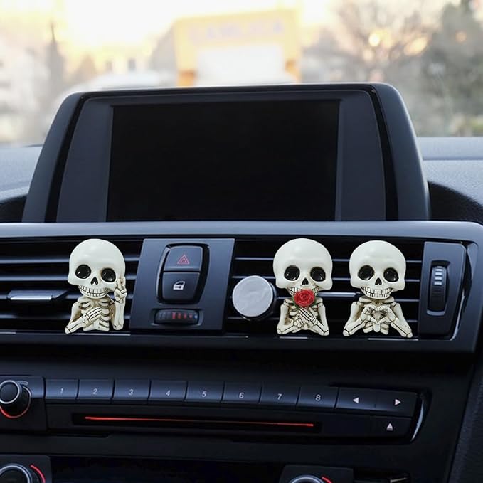 Set of 3 Halloween Skull Decor Cute Car Air Freshener Vent Clips, Resin Skeleton Holding Rose Car Diffuser Romantic Dashboard Decorations Auto Interior Accessories for Men Women